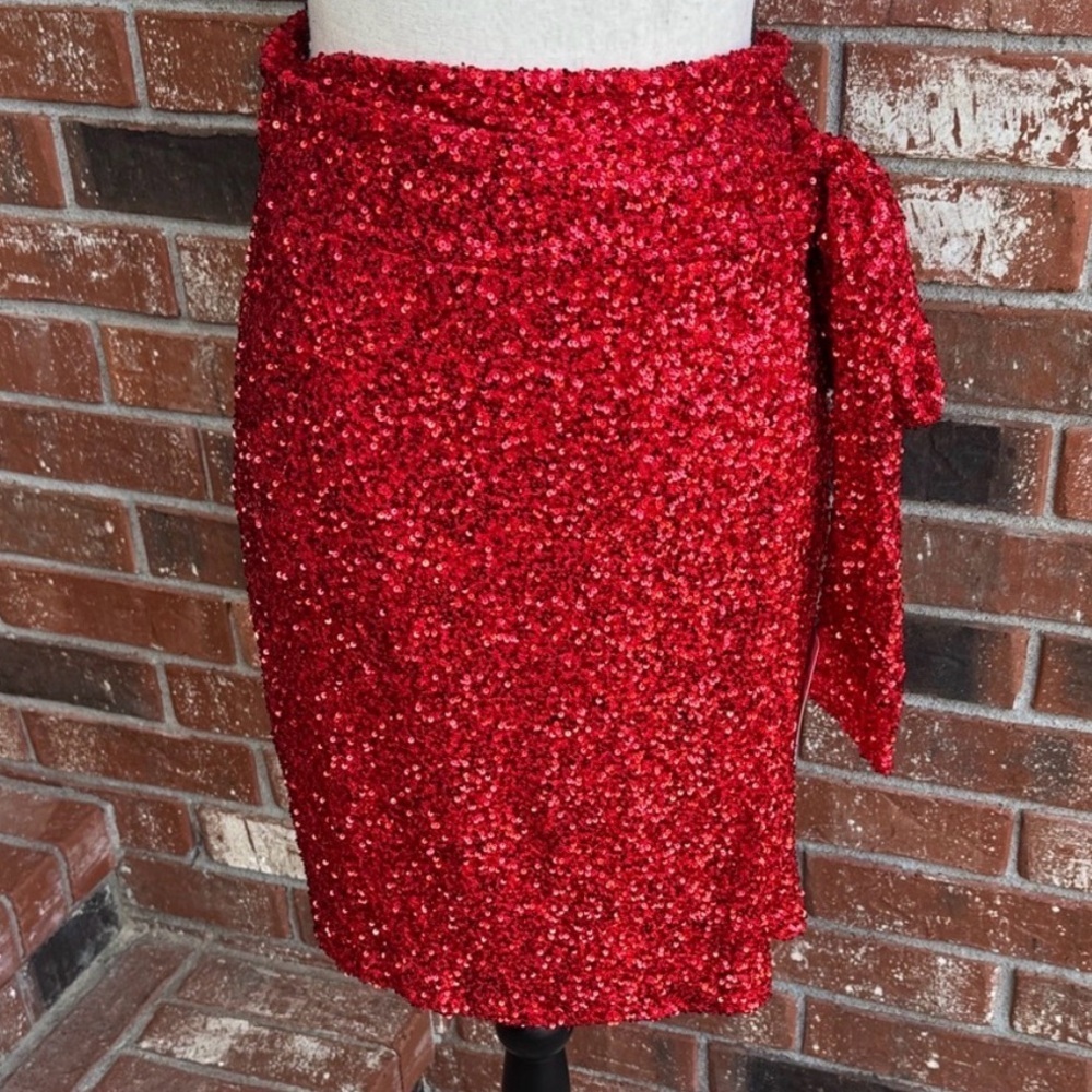 Never Fully Dressed Red Sequin Jaspre Wrap Mini Skirt NWT Size US 2 UK 6